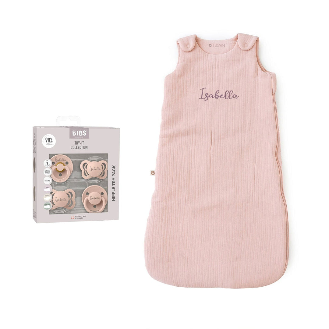 JBØRN Baby Gift Set | Organic Cotton Muslin Sleep Bag & First Pacifiers Blush BIBS Try It Collection - Personalisable Baby Products Sold and Personalised by JustBørn