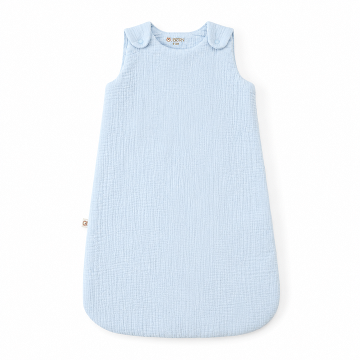 JBØRN Organic Cotton Muslin Sleep Bag | 0-6 Months Sleep Bag | Powder Blue - Personalisable Baby Products Sold and Personalised by JustBørn