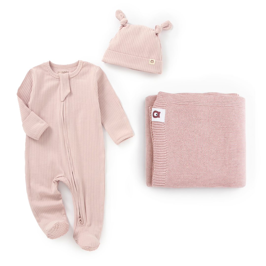 JBØRN Organic Cotton Sleepsuit & Knitted Blanket Set Sleepsuit & Blanket Set | Blush - Personalisable Baby Products Sold and Personalised by JustBørn