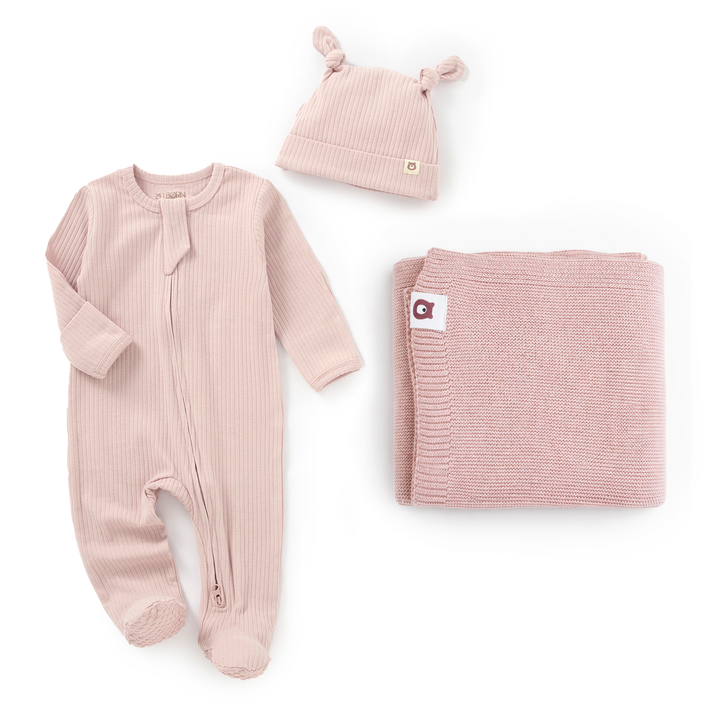 JBØRN Organic Cotton Sleepsuit & Knitted Blanket Set Sleepsuit & Blanket Set | Blush - Personalisable Baby Products Sold and Personalised by JustBørn