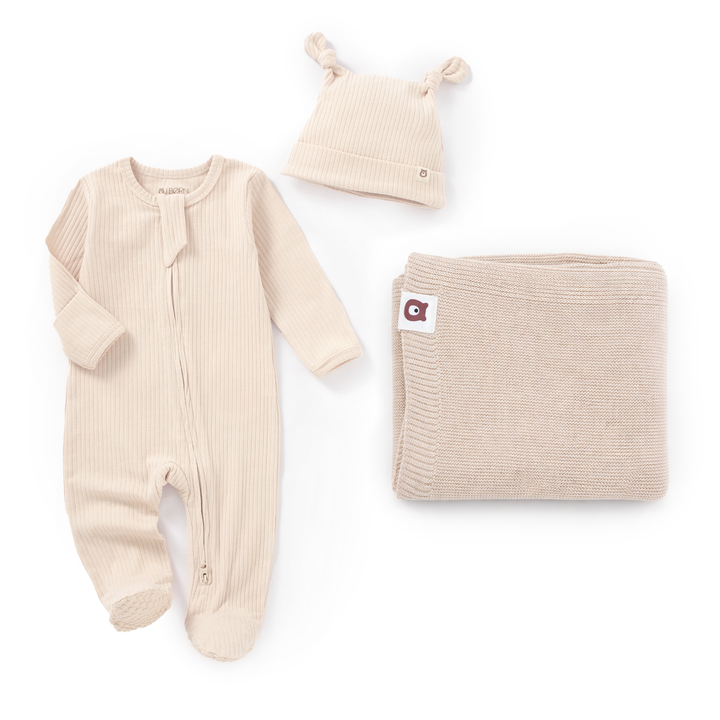 JBØRN Organic Cotton Sleepsuit & Knitted Blanket Set Sleepsuit & Blanket Set | Vanilla - Personalisable Baby Products Sold and Personalised by JustBørn