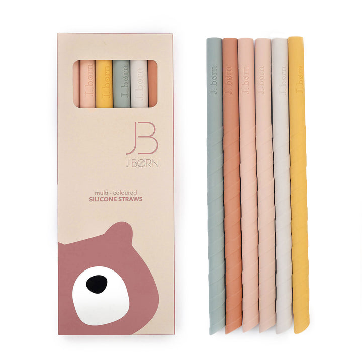 JBØRN Silicone Straws (Straight) x6 with Cleaning Brush & Pouch Blue Mix - Personalisable Baby Products Sold and Personalised by JustBørn