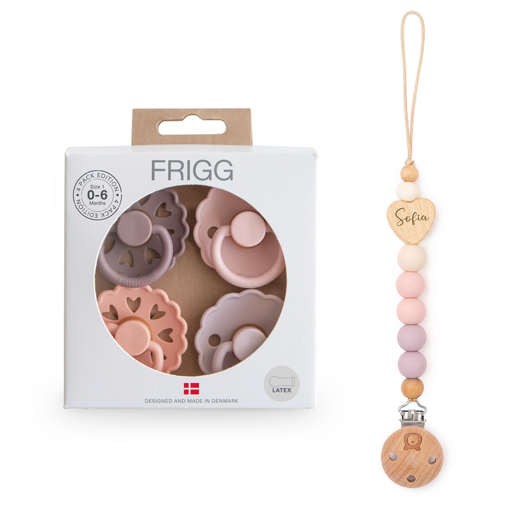 FRIGG Natural Rubber Latex Pacifier Pack of 4 & Matching JBØRN Clip Set - Personalisable Baby Products Sold and Personalised by JustBørn