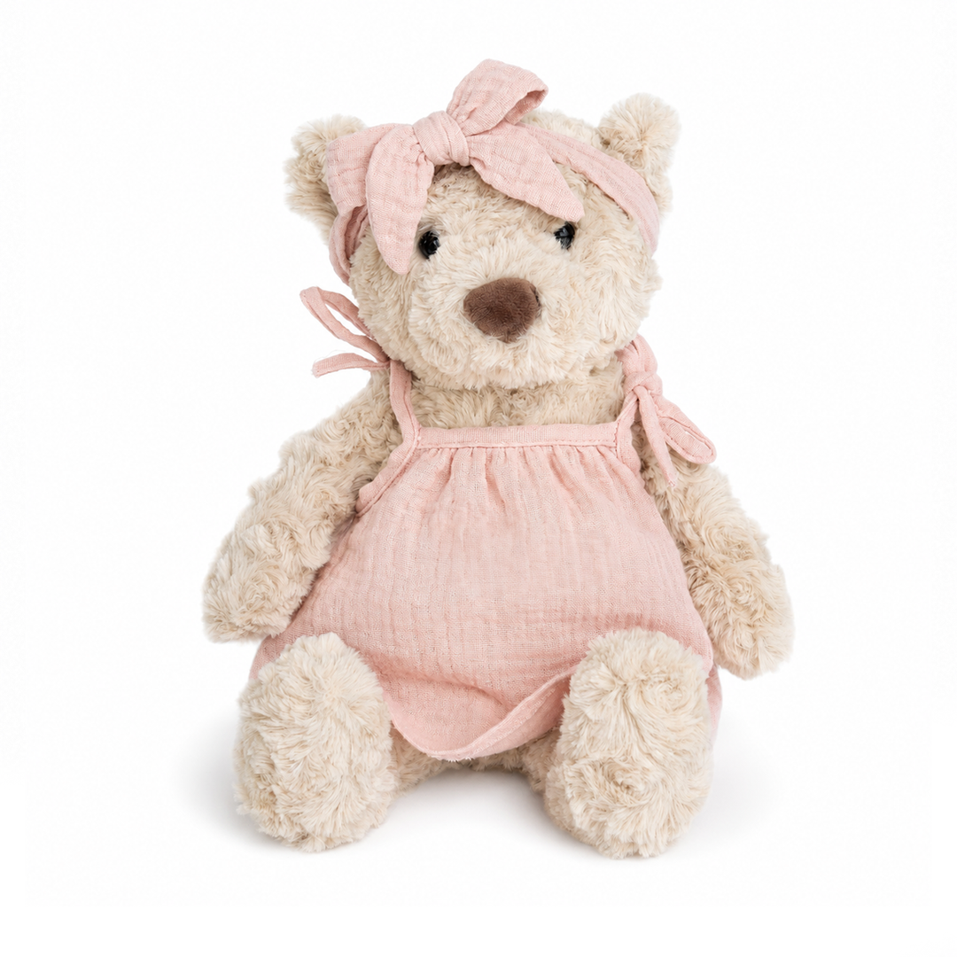 JBØRN Beige Teddy Bear Soft Toy with Personalised Outfit Teddy in Blush Dress - Personalisable Baby Products Sold and Personalised by JustBørn