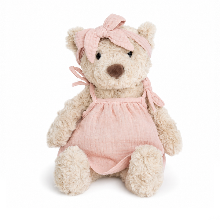 JBØRN Beige Teddy Bear Soft Toy with Personalised Outfit Teddy in Blush Dress - Personalisable Baby Products Sold and Personalised by JustBørn