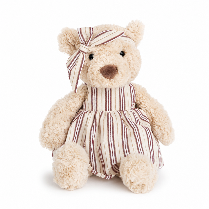 JBØRN Beige Teddy Bear Soft Toy with Personalised Outfit Teddy in Striped Dress - Personalisable Baby Products Sold and Personalised by JustBørn