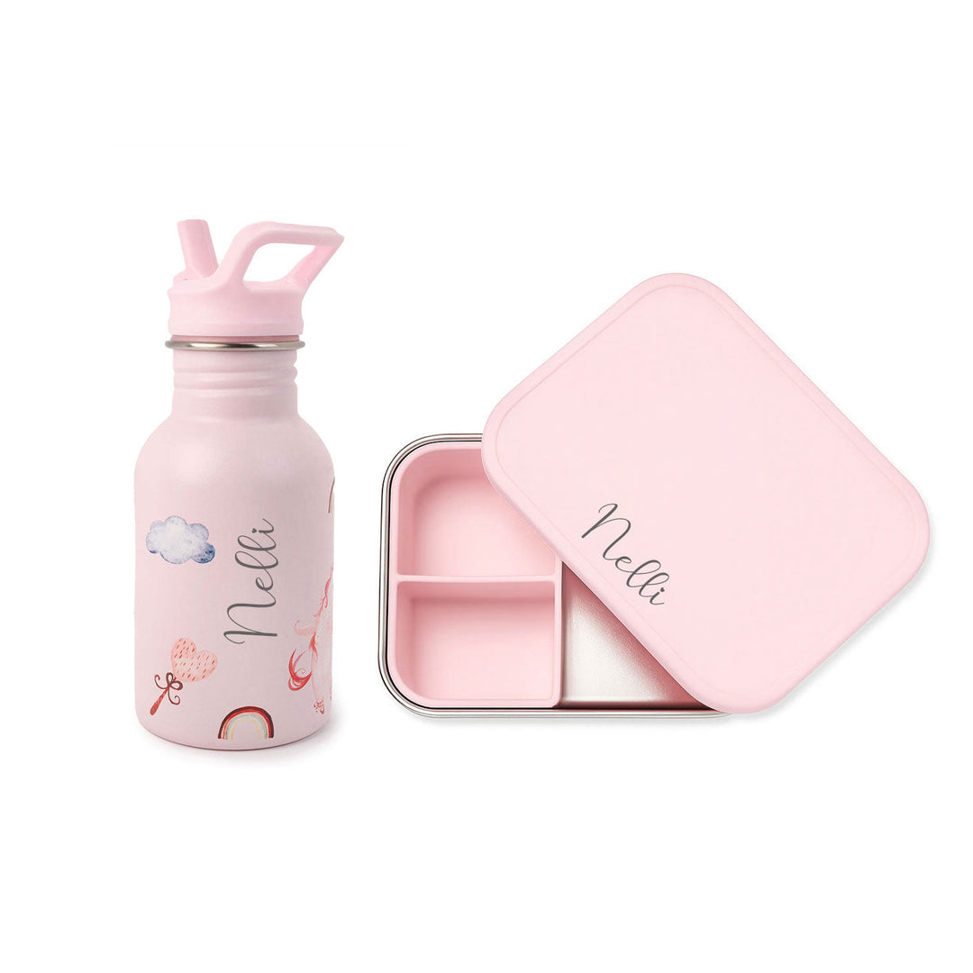 JBØRN Personalised Set | Water Bottle & Lunch Box Set Unicorns Lunch Box Set - Personalisable Baby Products Sold and Personalised by JustBørn