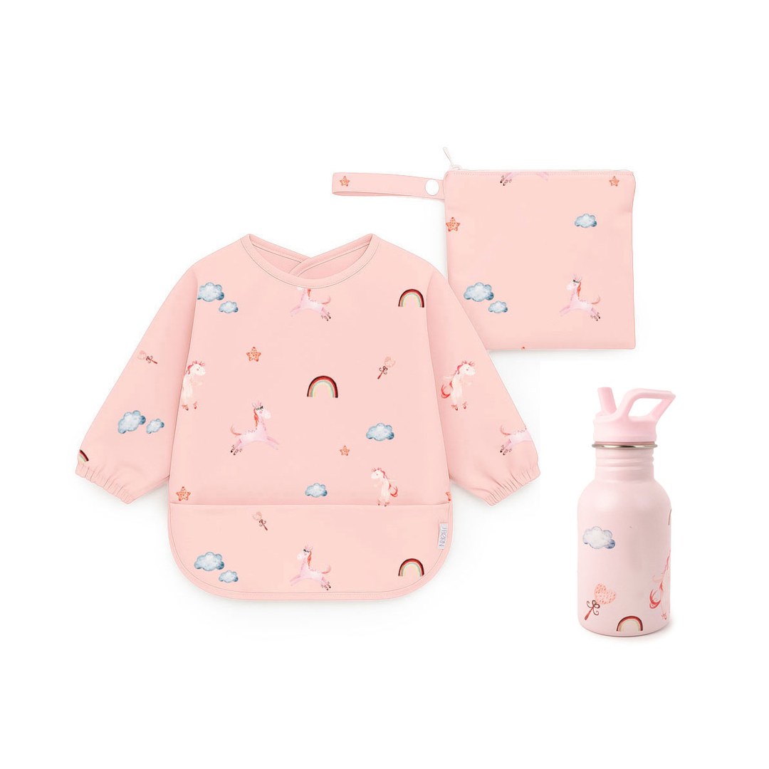 JBØRN First Birthday Gift Set | Personalised Water Bottle & Matching Sleeved Bib Unicorns - Personalisable Baby Products Sold and Personalised by JustBørn