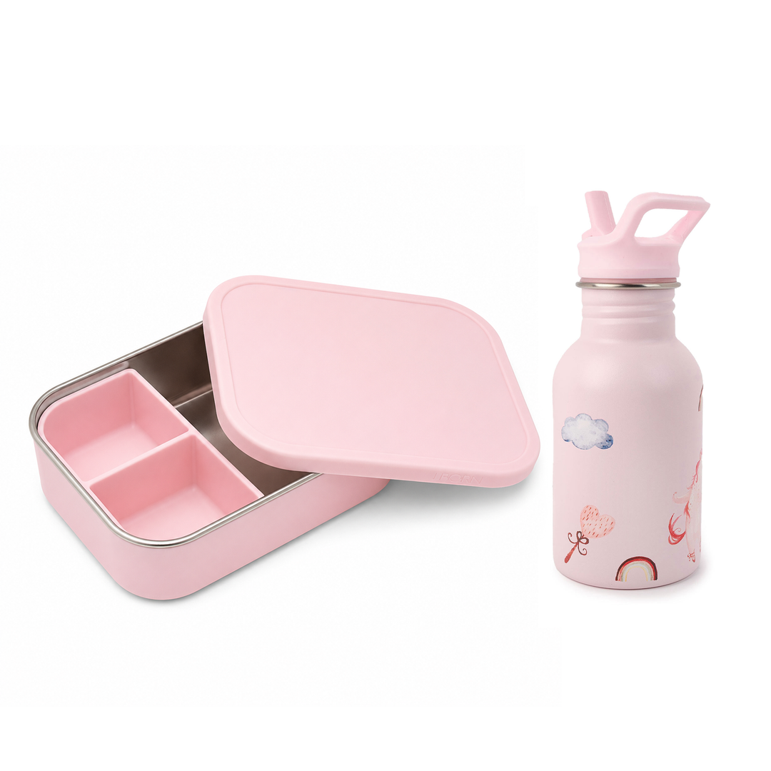 JBØRN Personalised Set | Water Bottle & Lunch Box Set Unicorns Lunch Box Set - New Design - Personalisable Baby Products Sold and Personalised by JustBørn