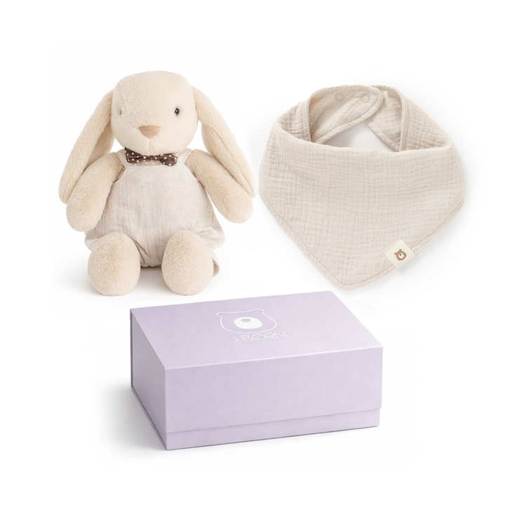 JBØRN Baby Gift Set | Bunny Soft Toy & Matching Muslin Baby Bib Vanilla Bunny & Bib Gift Set - Personalisable Baby Products Sold and Personalised by JustBørn