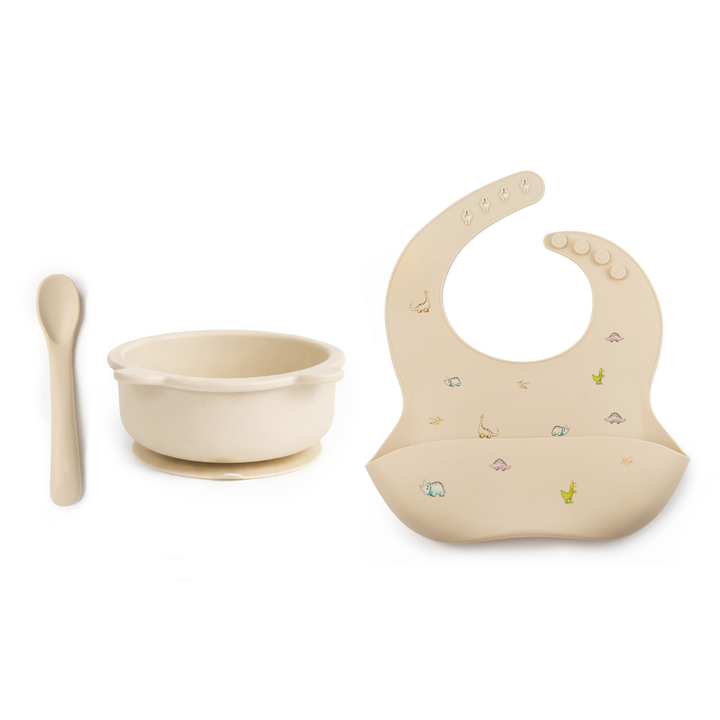 JBØRN Baby Weaning Basic Set Dinosaurs Vanilla - Personalisable Baby Products Sold and Personalised by JustBørn