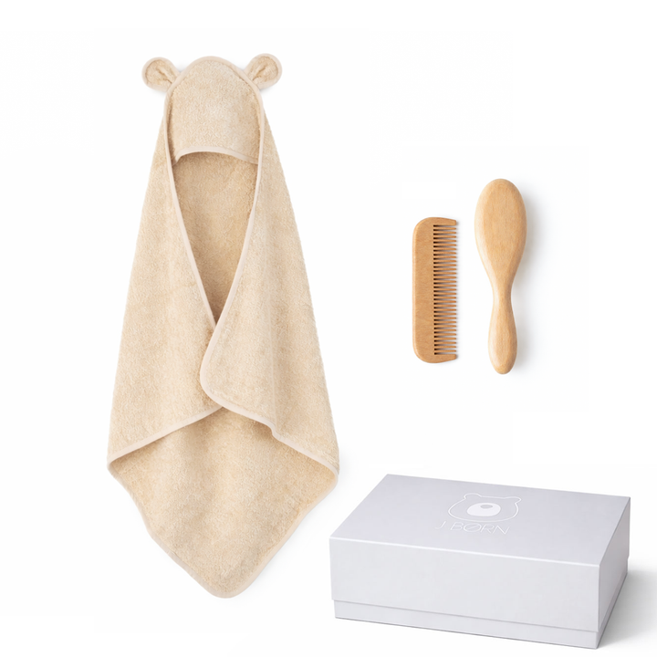 JBØRN Baby Gift Set | Organic Cotton Towel & Hair Brush Set Vanilla - Personalisable Baby Products Sold and Personalised by JustBørn
